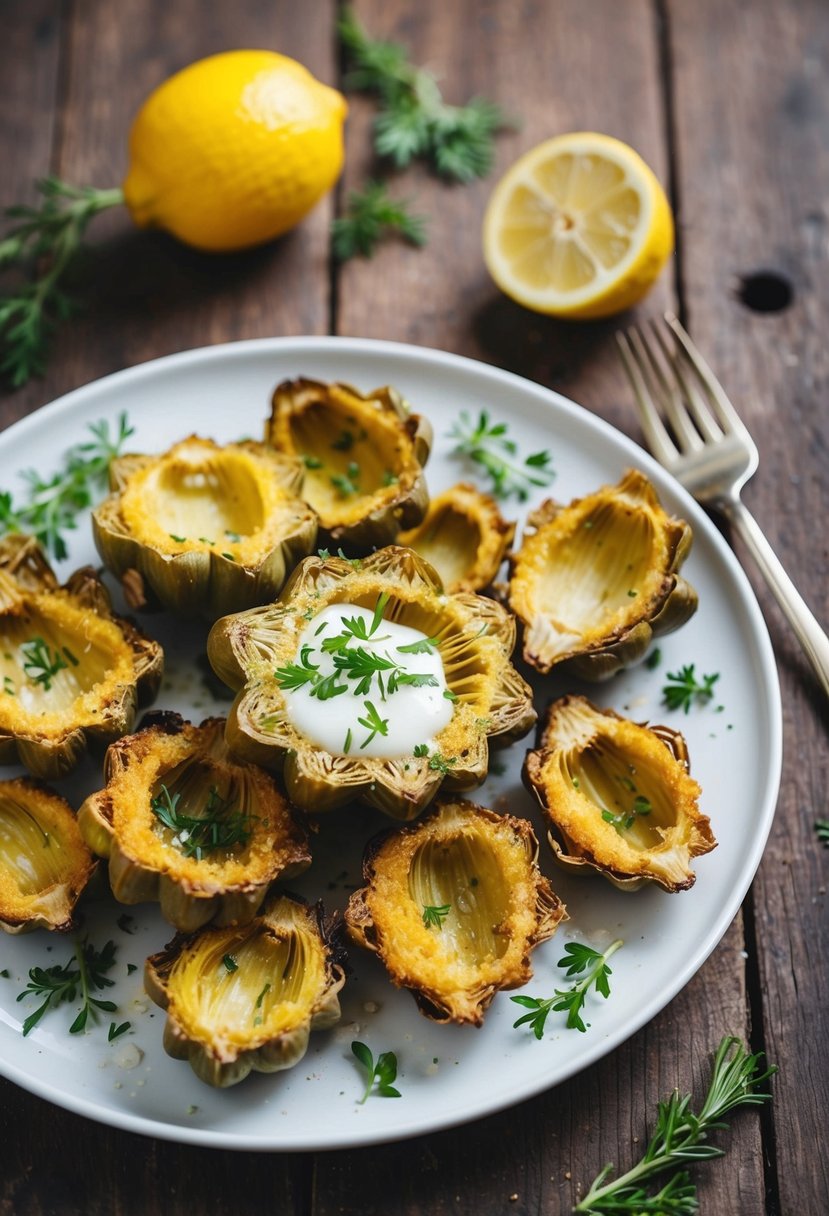 A plate of golden fried artichoke hearts, garnished with fresh herbs and a squeeze of lemon, sits on a rustic wooden table