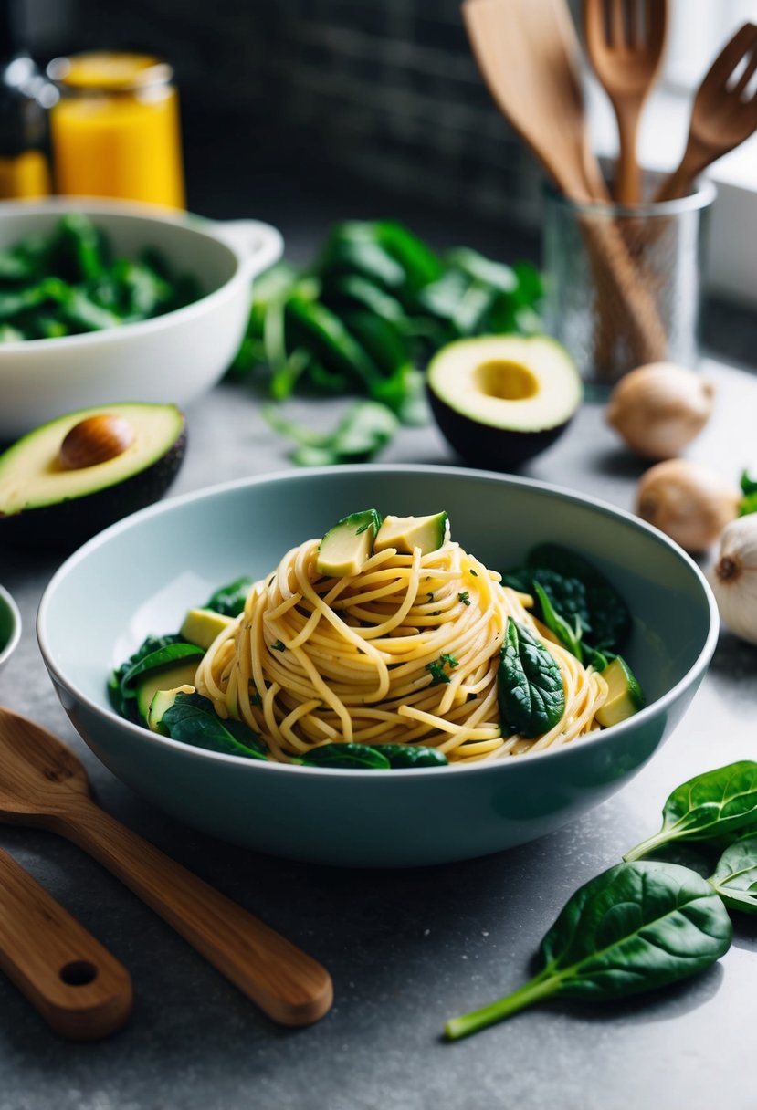 A bowl of spaghetti with avocado and spinach, surrounded by fresh ingredients and cooking utensils on a kitchen counter