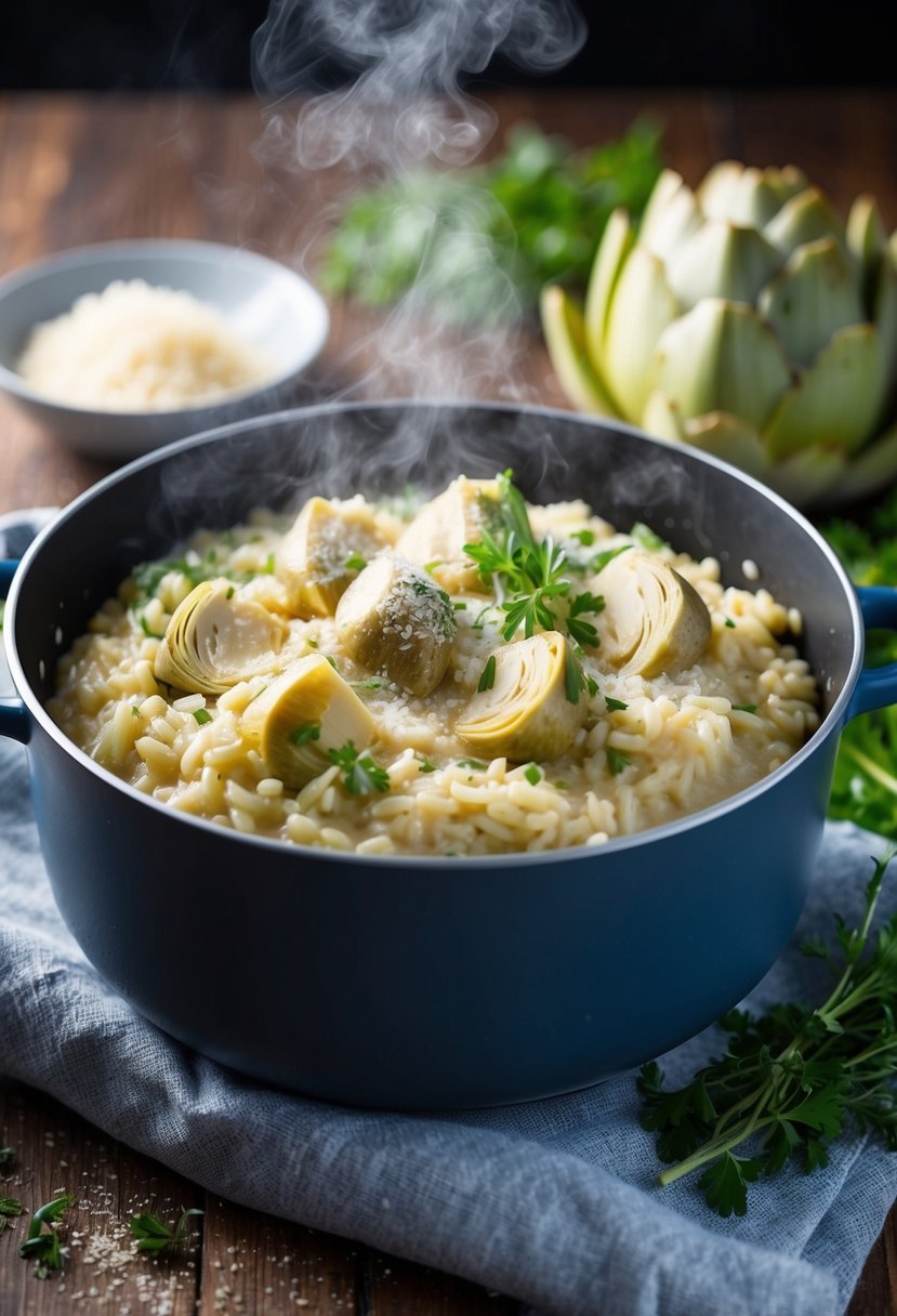 A steaming pot of creamy risotto with artichokes and Parmesan, garnished with fresh herbs and a sprinkle of grated cheese