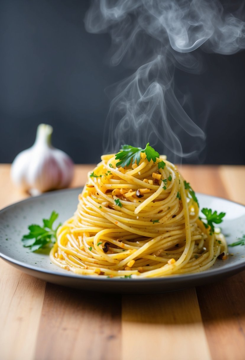 A steaming plate of spaghetti Aglio e Olio with garlic, olive oil, and red pepper flakes, garnished with fresh parsley