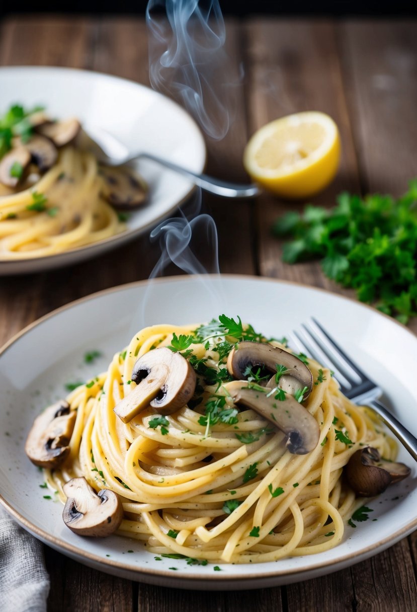 A steaming plate of vegan mushroom alfredo spaghetti, garnished with fresh herbs, sits on a rustic wooden table