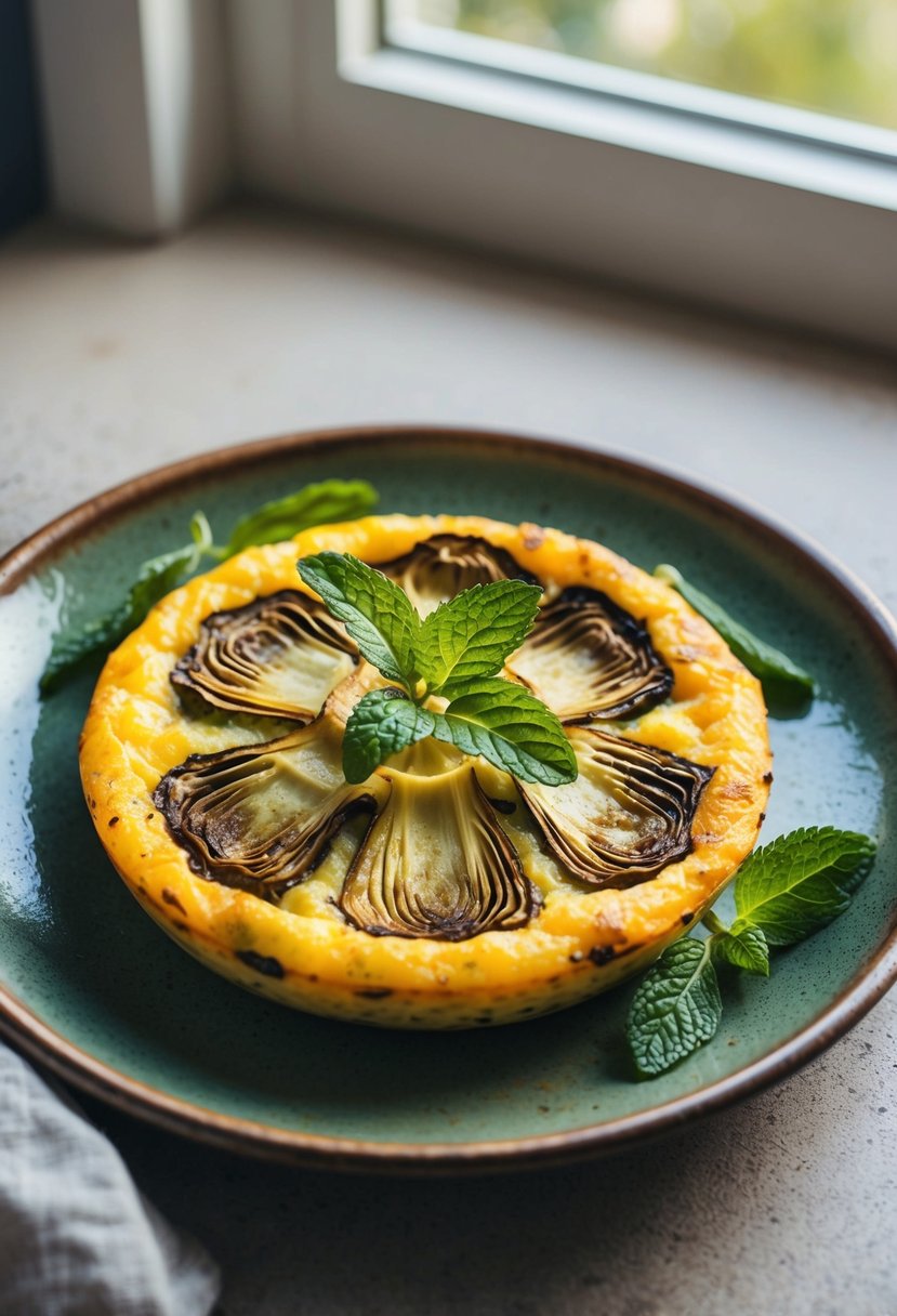 A sizzling artichoke frittata with mint leaves garnish on a rustic ceramic plate. Sunlight streams in through a nearby window, casting a warm glow on the dish