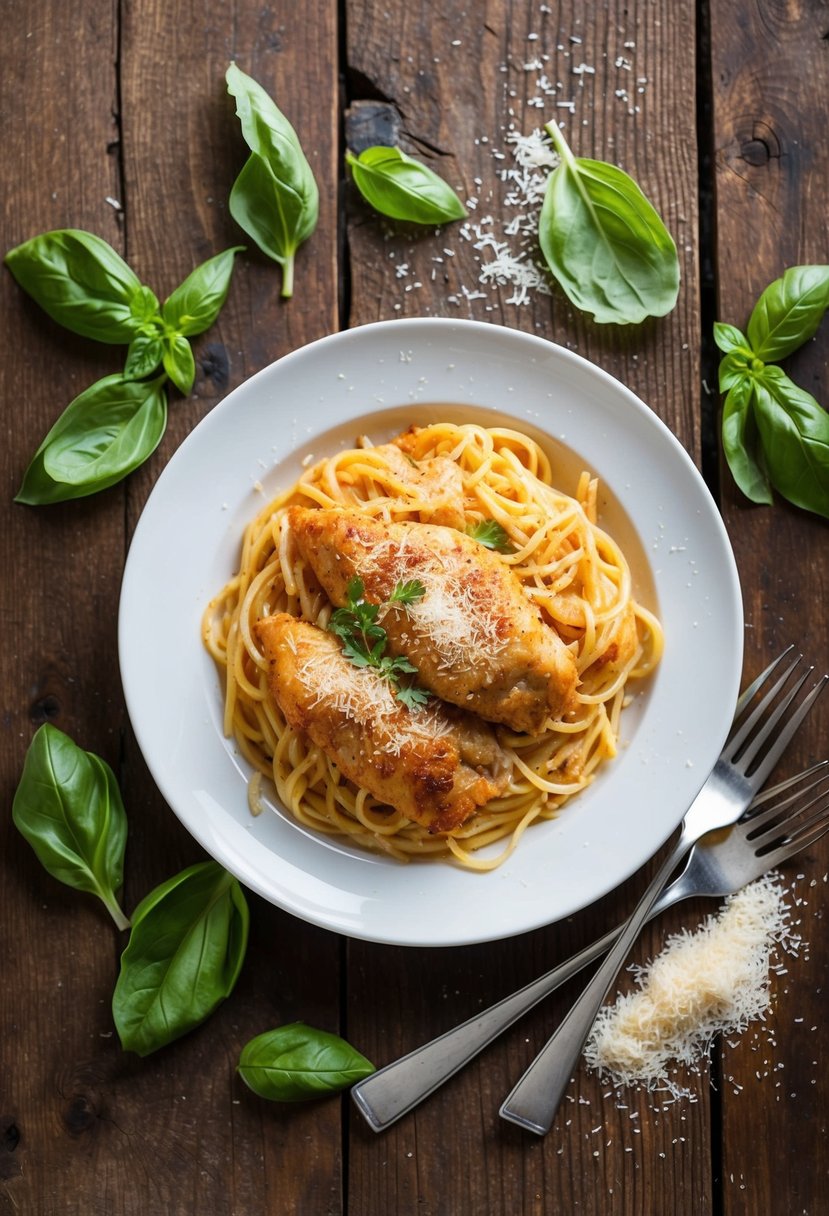 A steaming plate of Chicken Parmesan Spaghetti sits on a rustic wooden table, surrounded by scattered fresh basil leaves and a sprinkle of grated Parmesan cheese