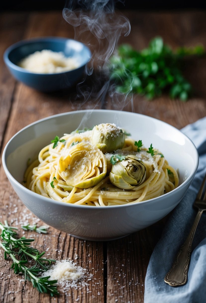 A steaming bowl of creamy artichoke pasta sits on a rustic wooden table, garnished with fresh herbs and grated parmesan