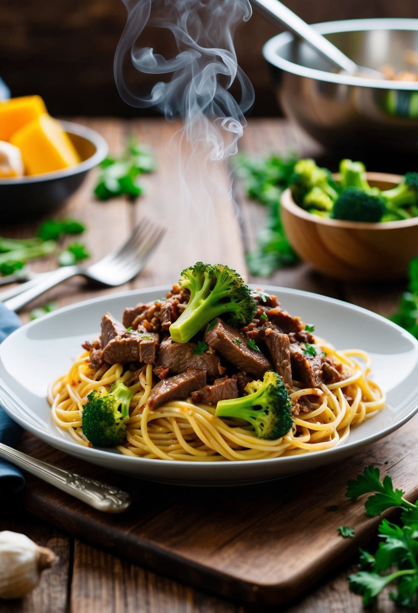 A steaming plate of beef and broccoli spaghetti sits on a rustic wooden table, surrounded by fresh ingredients and cooking utensils