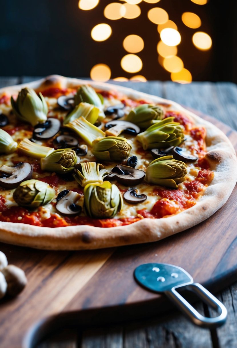 A rustic pizza topped with artichokes and mushrooms on a wooden board