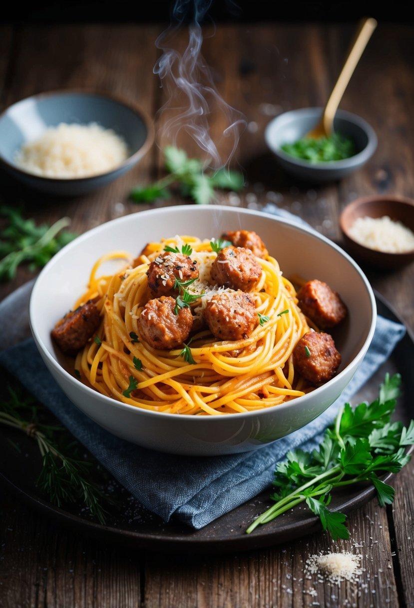 A steaming bowl of spicy sausage spaghetti sits on a rustic wooden table, surrounded by fresh herbs and a sprinkle of parmesan cheese