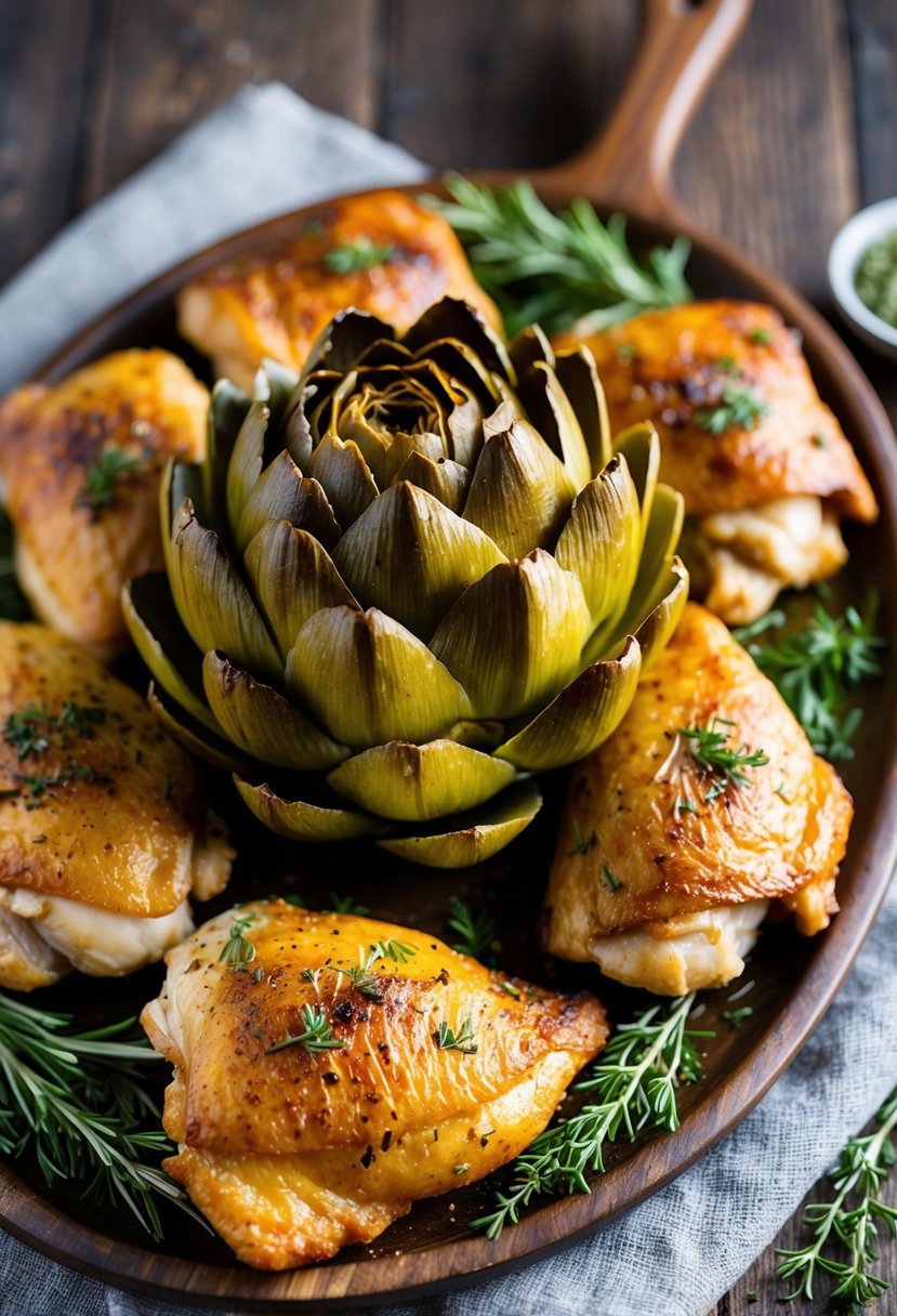 A golden-brown roasted artichoke surrounded by succulent pieces of chicken, sprinkled with fresh herbs and placed on a rustic wooden platter