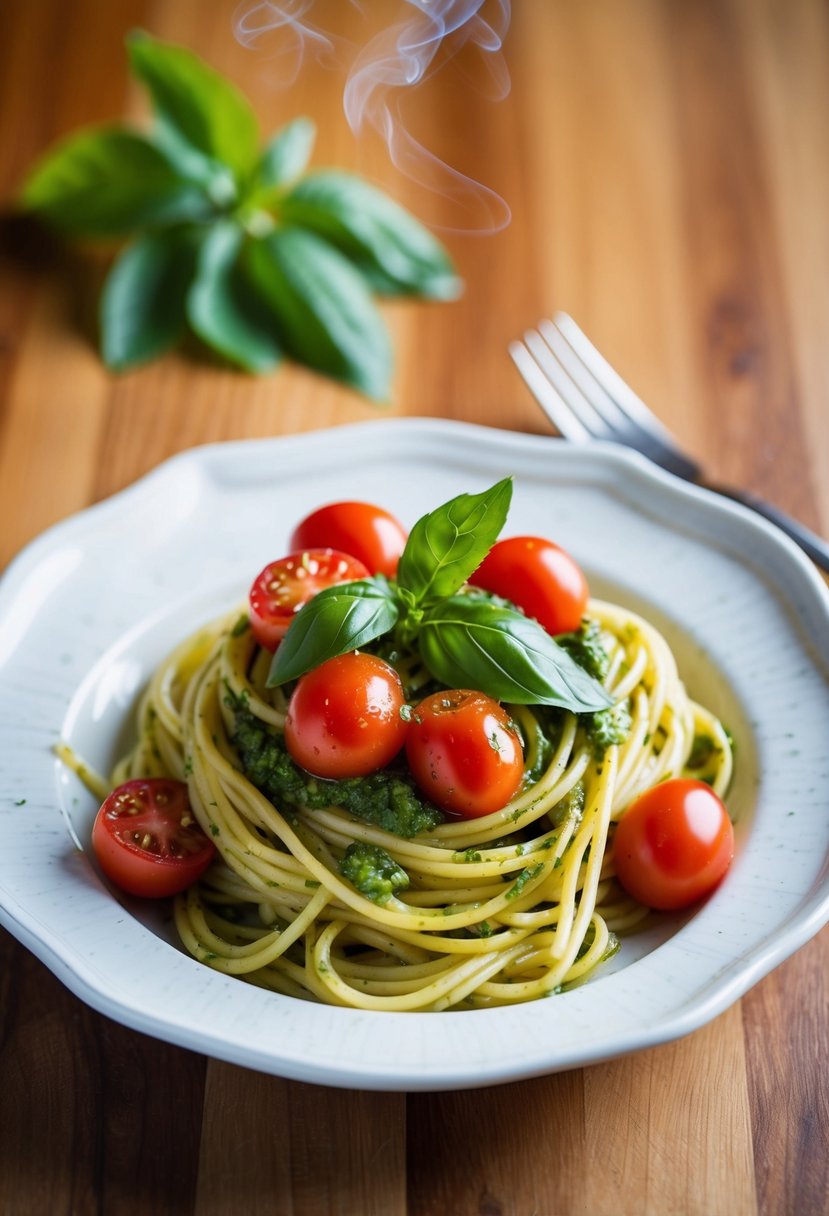 A steaming plate of pesto and cherry tomato spaghetti on a white ceramic dish, garnished with fresh basil leaves