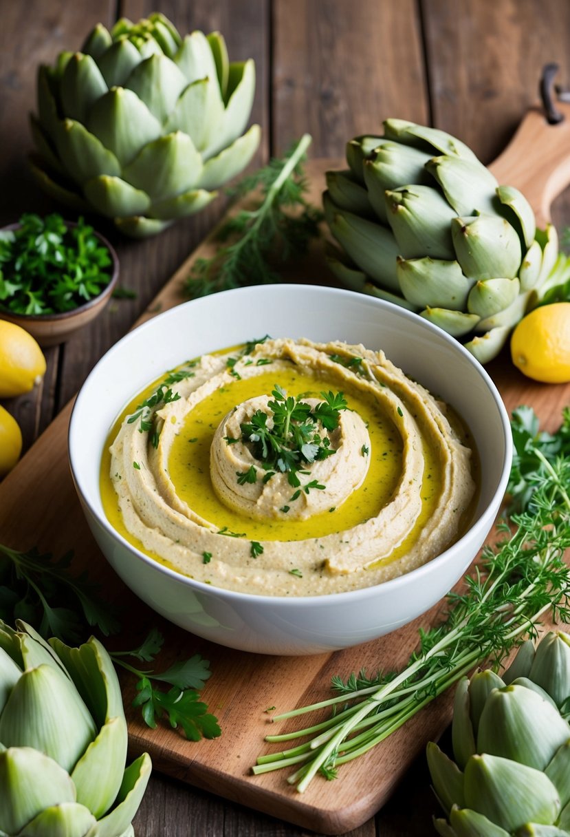 A bowl of artichoke hummus surrounded by fresh artichokes and herbs on a wooden cutting board