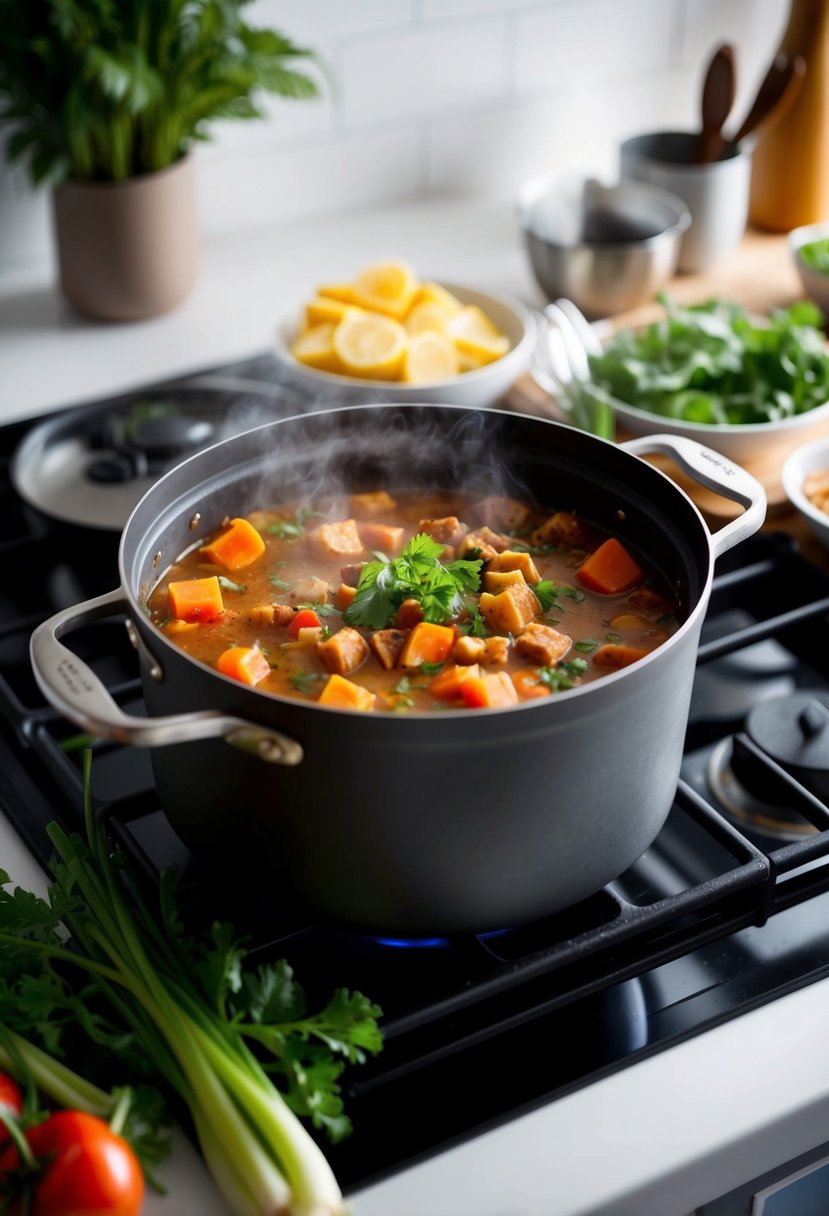 A steaming pot on a stove, filled with a hearty one-pot meal surrounded by fresh ingredients and utensils