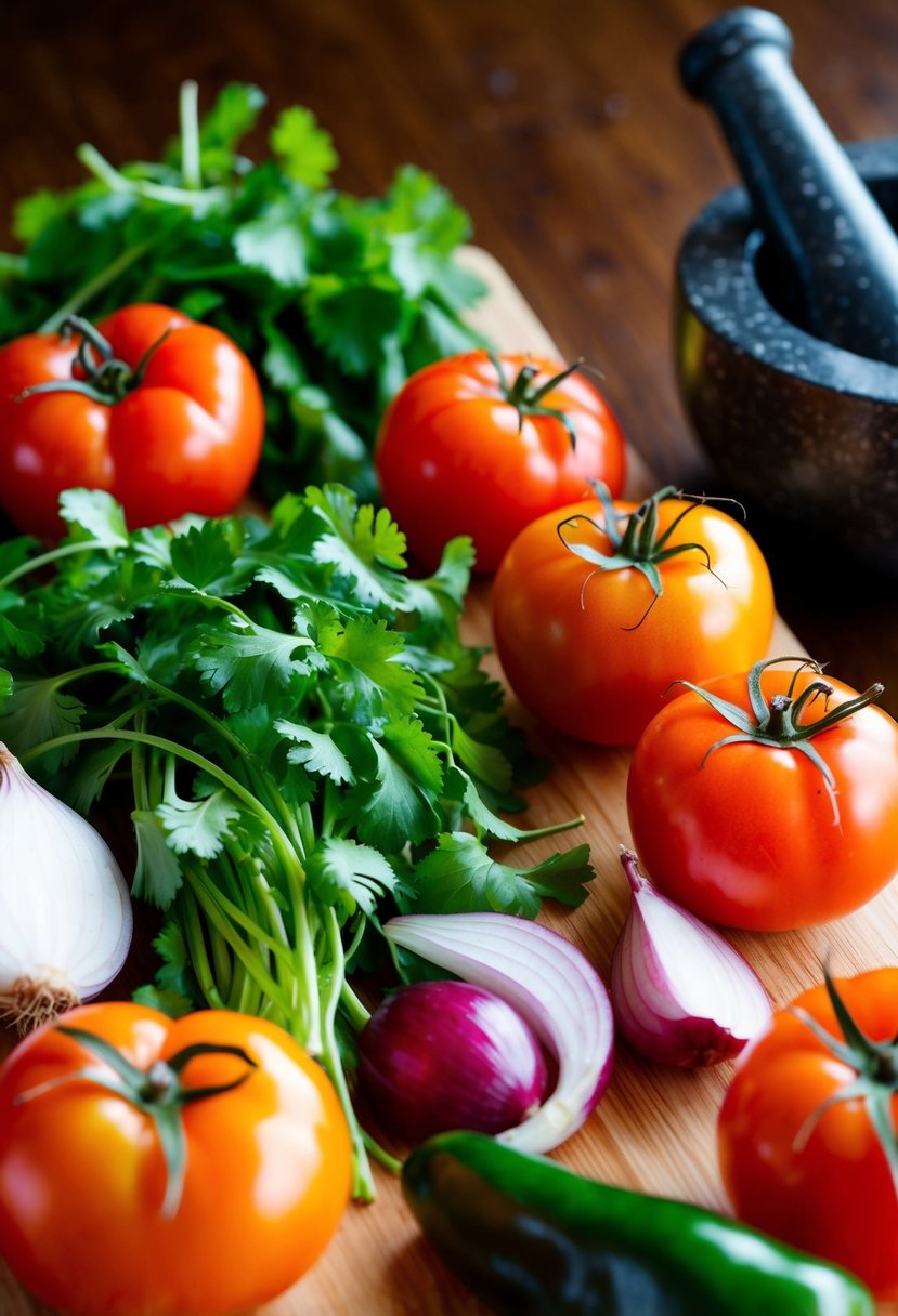 A colorful array of fresh tomatoes, onions, cilantro, and peppers, arranged on a wooden cutting board. A mortar and pestle sits nearby