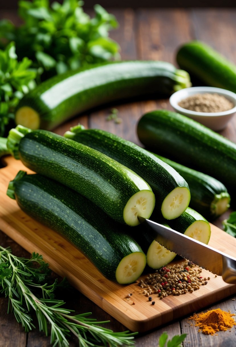 Fresh zucchinis arranged on a wooden cutting board, surrounded by colorful herbs and spices. A chef's knife is poised to slice into the vibrant green vegetable