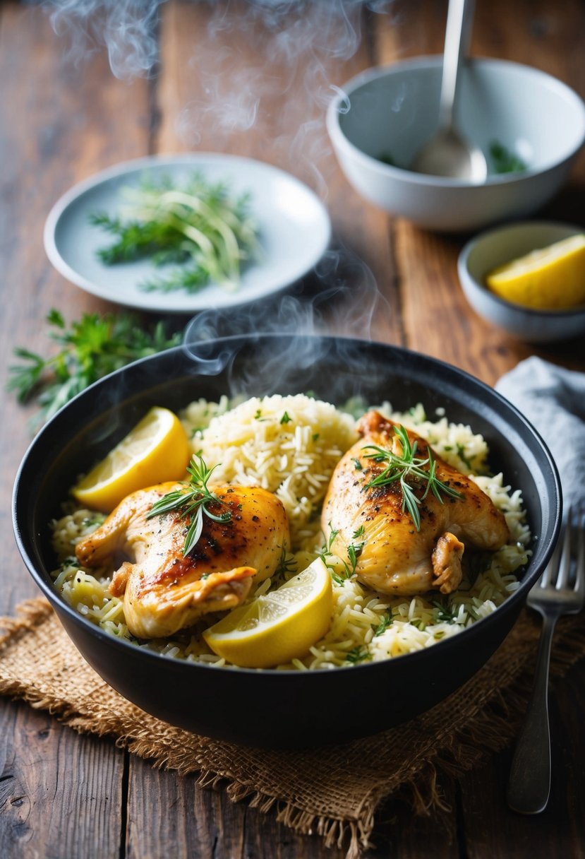 A steaming one-pot meal with tender Greek chicken, fluffy lemon rice, and aromatic herbs, sitting on a rustic wooden table