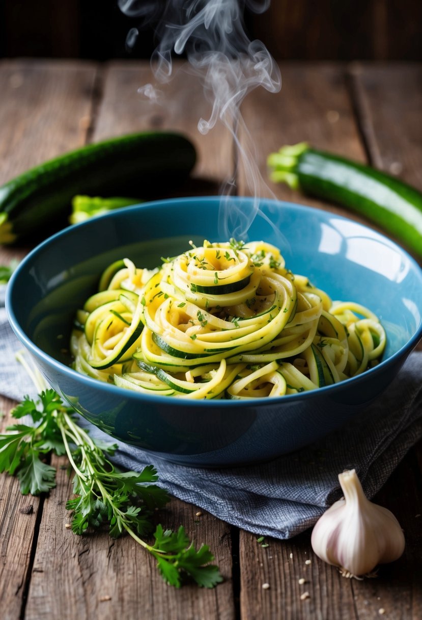 A steaming bowl of zucchini butter pasta surrounded by fresh zucchini, garlic, and herbs on a rustic wooden table