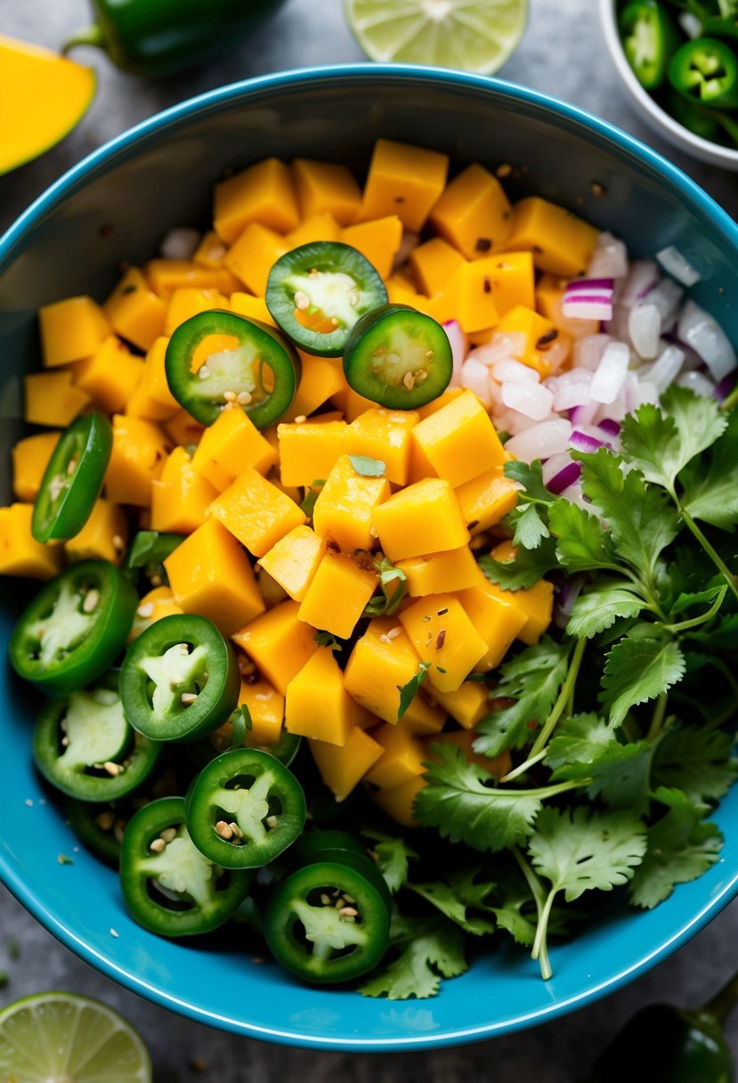 A colorful array of diced mango, jalapeños, onions, and cilantro mixed together in a bowl, with a hint of lime juice and spices