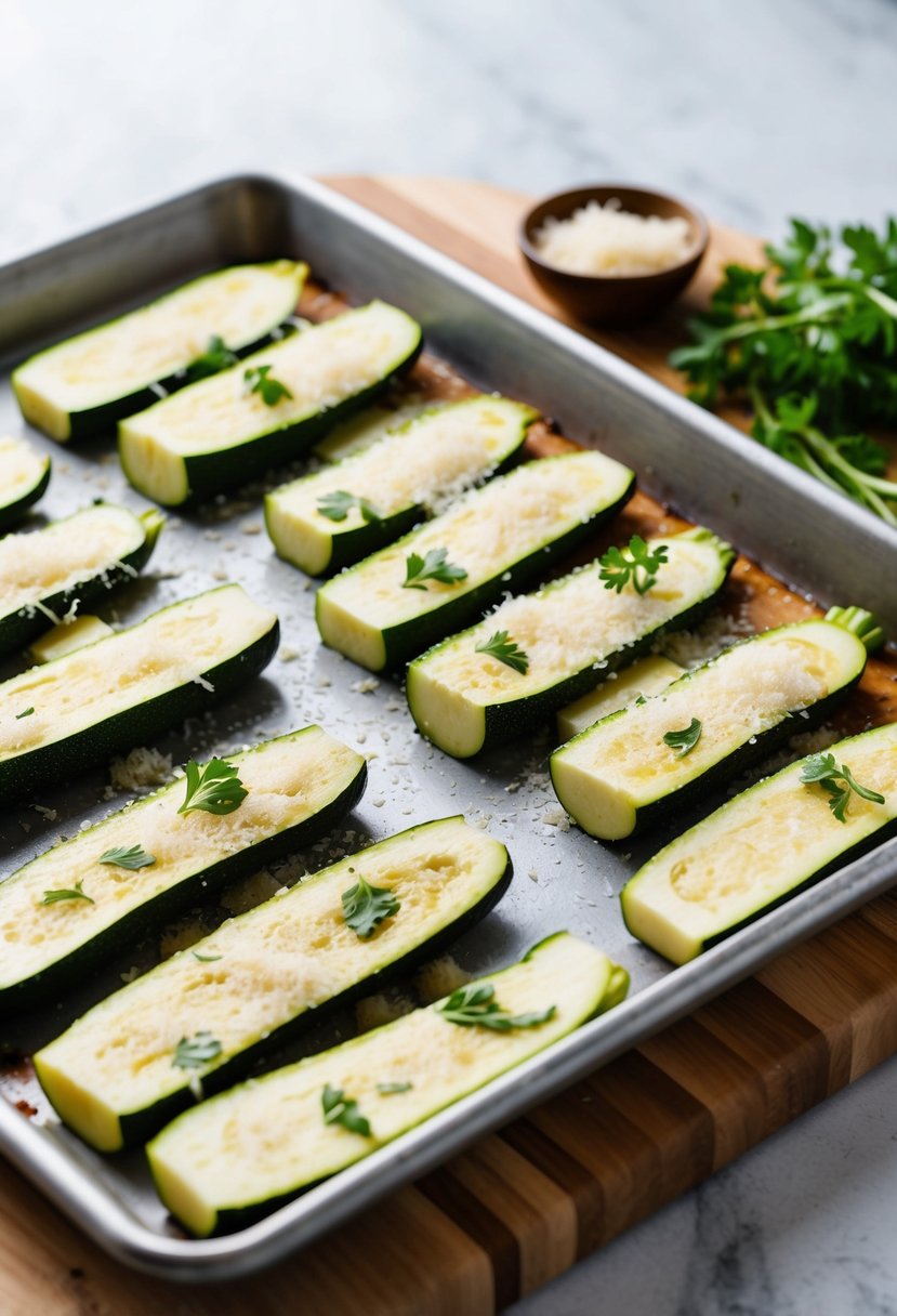 A wooden cutting board with sliced zucchini, grated parmesan, and fresh herbs. A baking tray with golden brown zucchini slices topped with melted parmesan