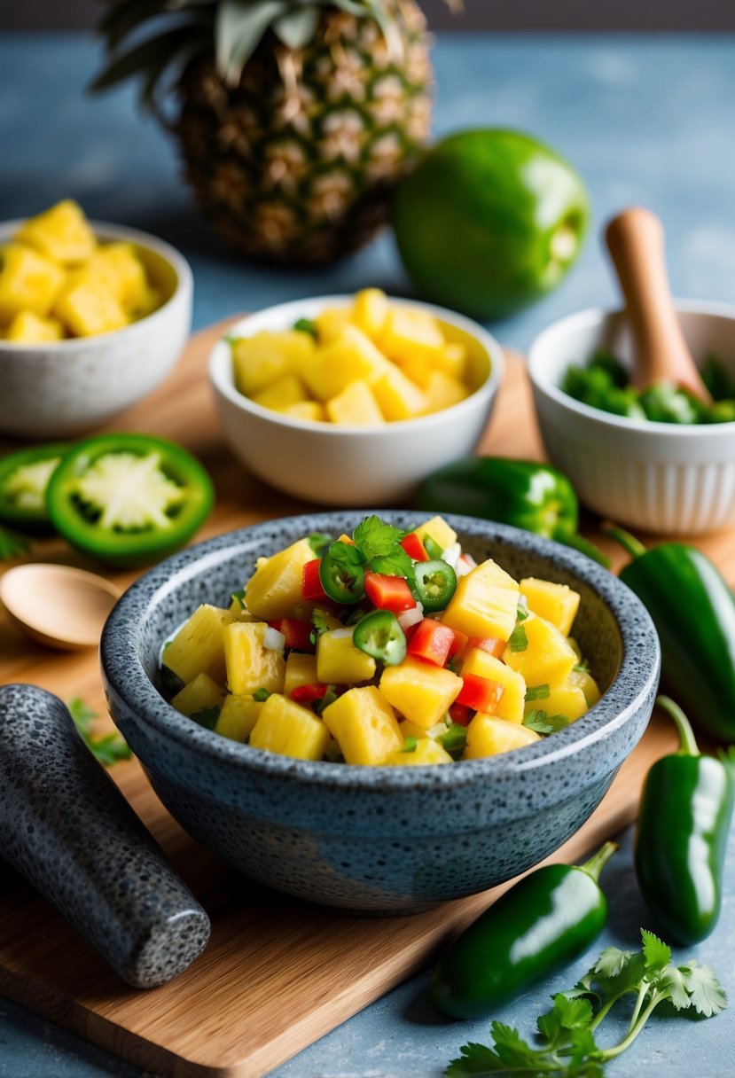 A bowl of vibrant pineapple and jalapeño salsa surrounded by fresh ingredients and a mortar and pestle