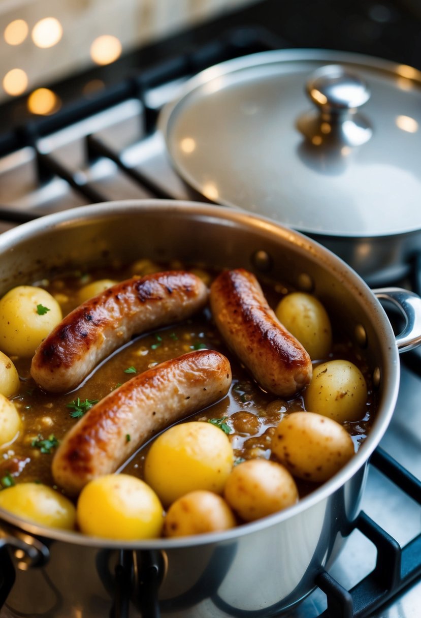 A bubbling pot on a stove, filled with golden-brown sausages, tender potatoes, and rich, savory gravy