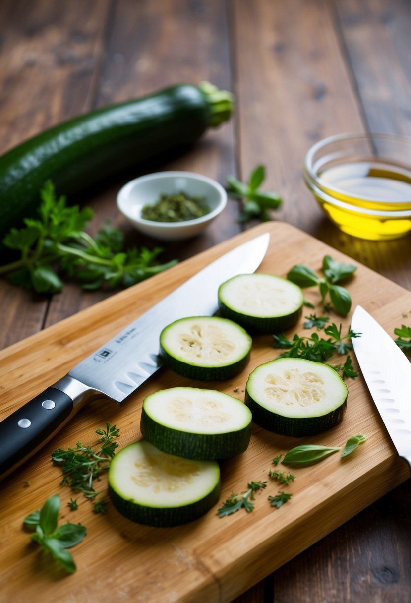 A wooden cutting board with sliced zucchini and scattered herbs. A chef's knife and a bowl of olive oil sit nearby