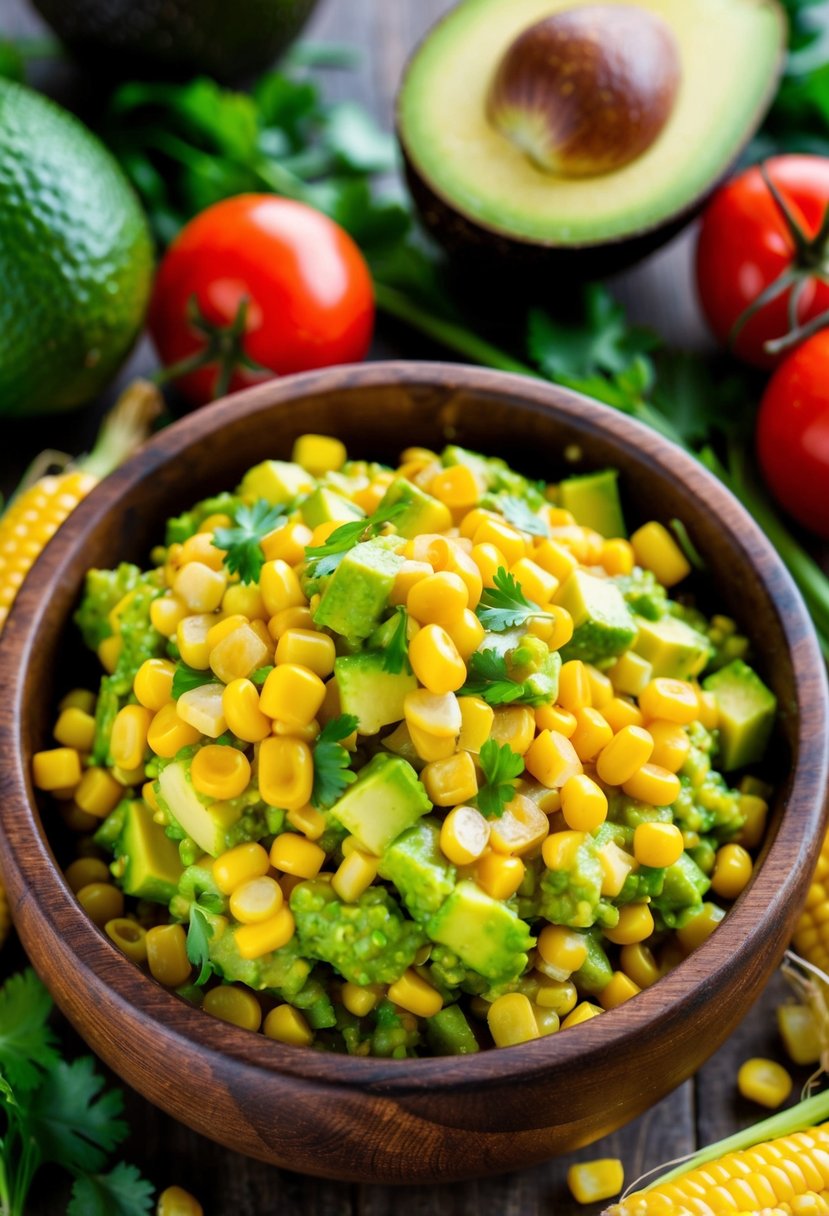 A wooden bowl filled with vibrant avocado corn salsa, surrounded by fresh ingredients like ripe avocados, juicy tomatoes, and golden corn kernels