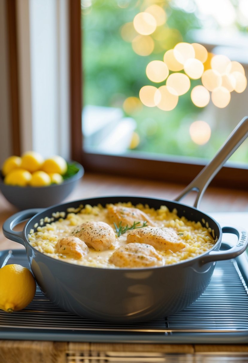 A bubbling pot of creamy risotto with lemon pepper chicken baking in the oven