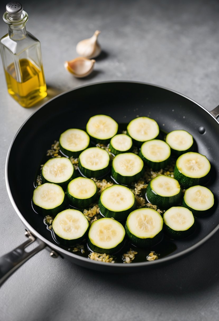 Fresh zucchini slices sizzling in a pan with minced garlic and olive oil, emitting a savory aroma