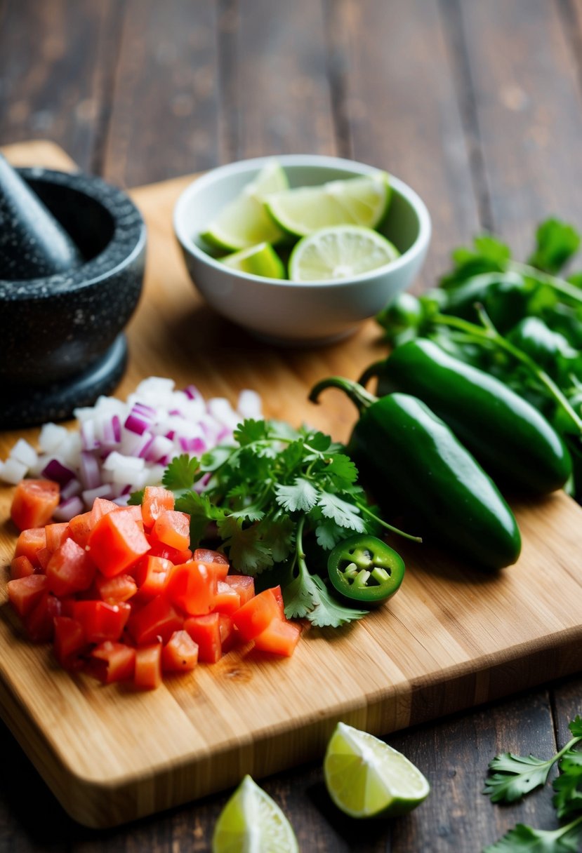 A wooden cutting board with diced tomatoes, onions, cilantro, and jalapenos, surrounded by a mortar and pestle, and a bowl of lime wedges