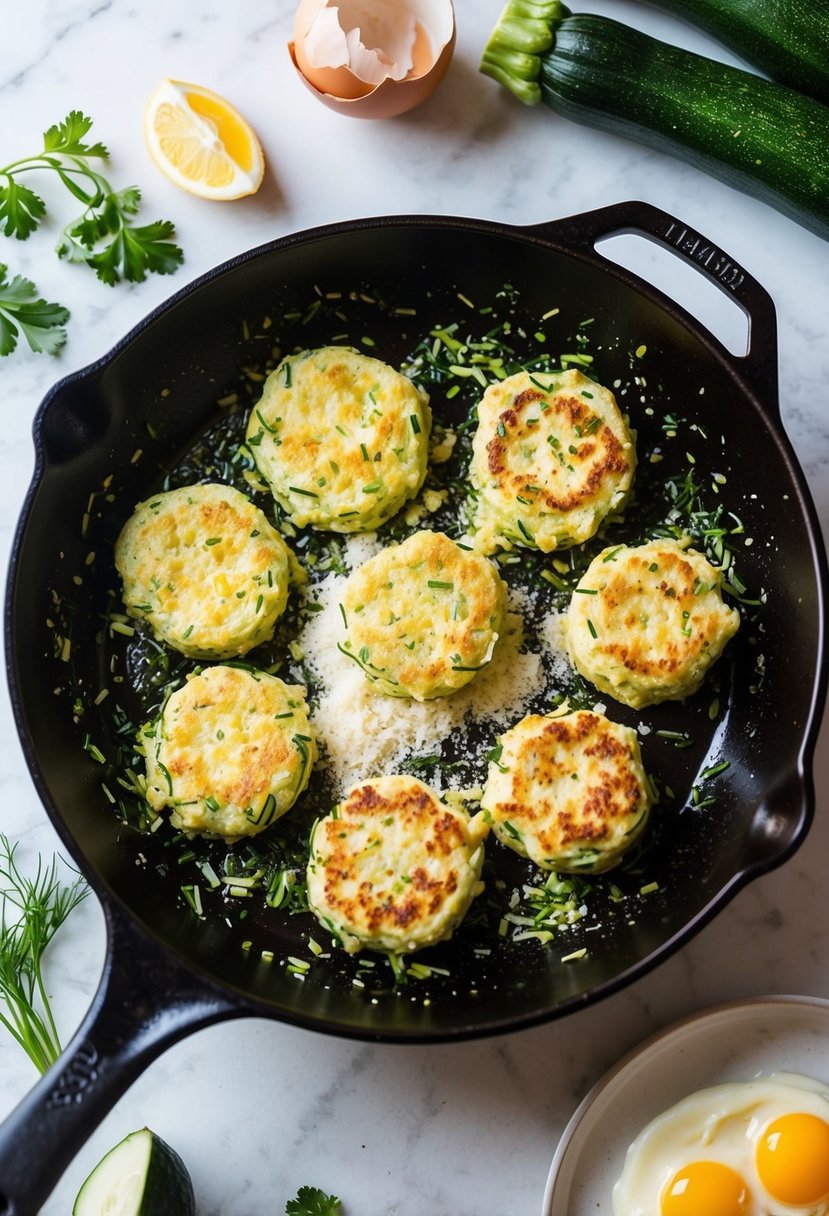 Grated zucchini mixed with eggs, flour, and herbs sizzling in a hot skillet, forming golden brown fritters