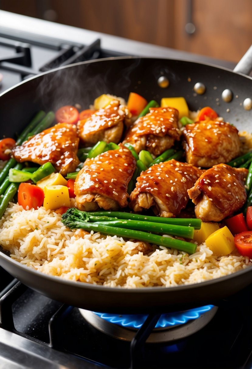 A sizzling pan of teriyaki chicken, rice, and colorful vegetables cooking together over a hot stove