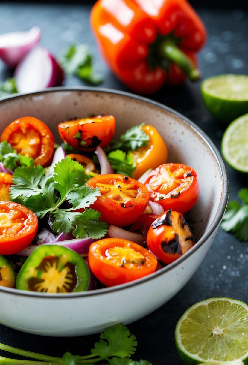 A bowl of charred tomatoes, onions, and peppers, with cilantro and lime, ready to be turned into salsa