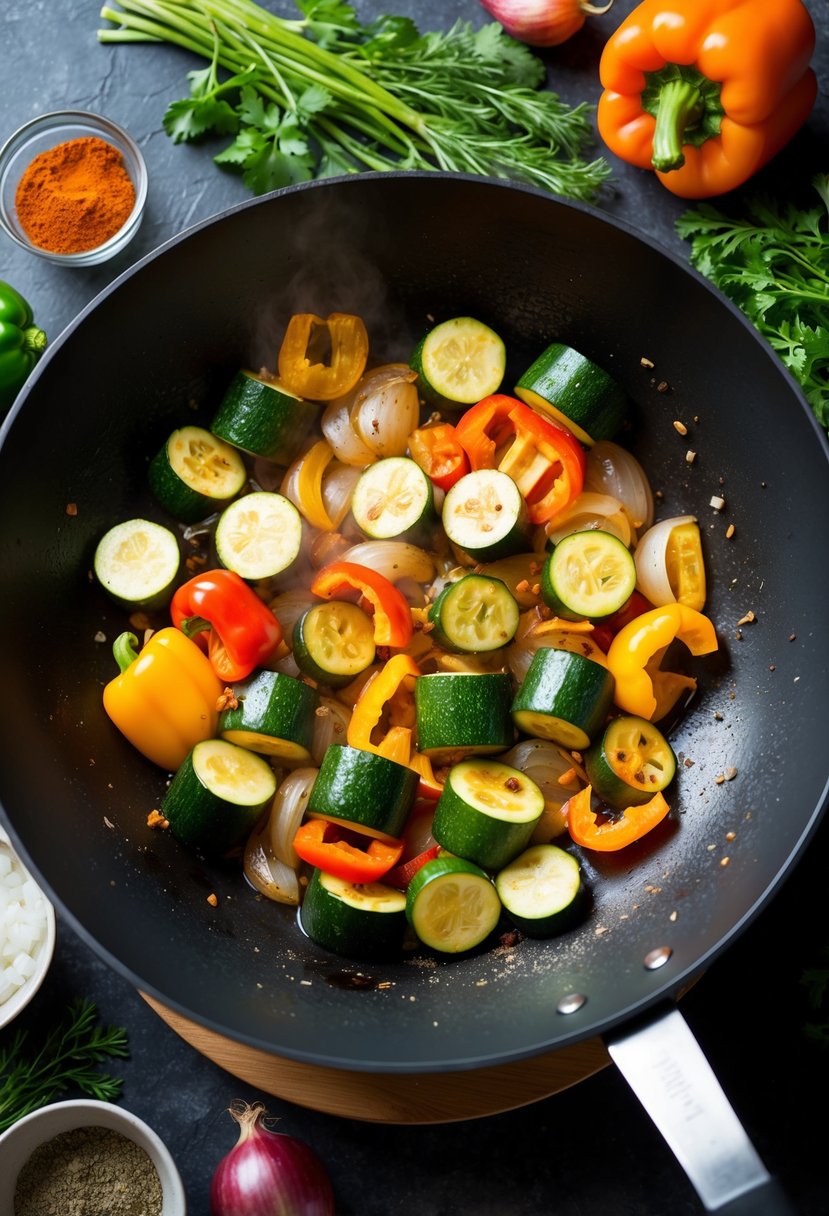 Fresh zucchini, bell peppers, and onions sizzling in a hot wok, surrounded by vibrant herbs and spices