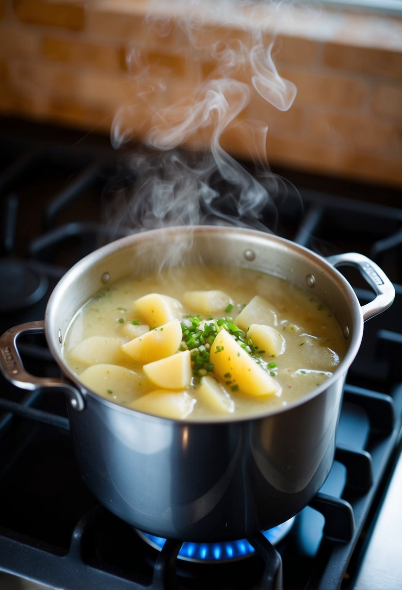 A steaming pot of potato soup with onions and garlic simmering on a stovetop