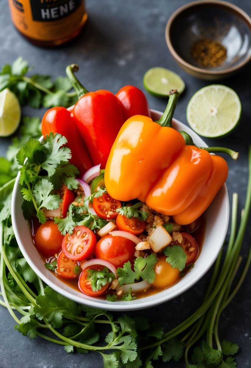 A bowl of vibrant red peppers, tomatoes, and onions, surrounded by fresh cilantro and lime, with a hint of smoky char