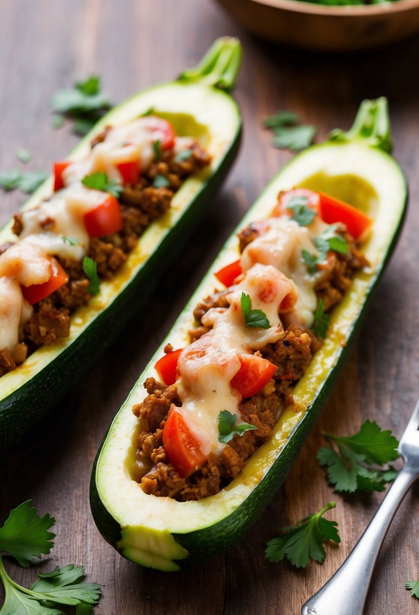 Fresh zucchini halved and hollowed out, filled with a savory mixture of ground meat, tomatoes, and herbs, topped with melted cheese