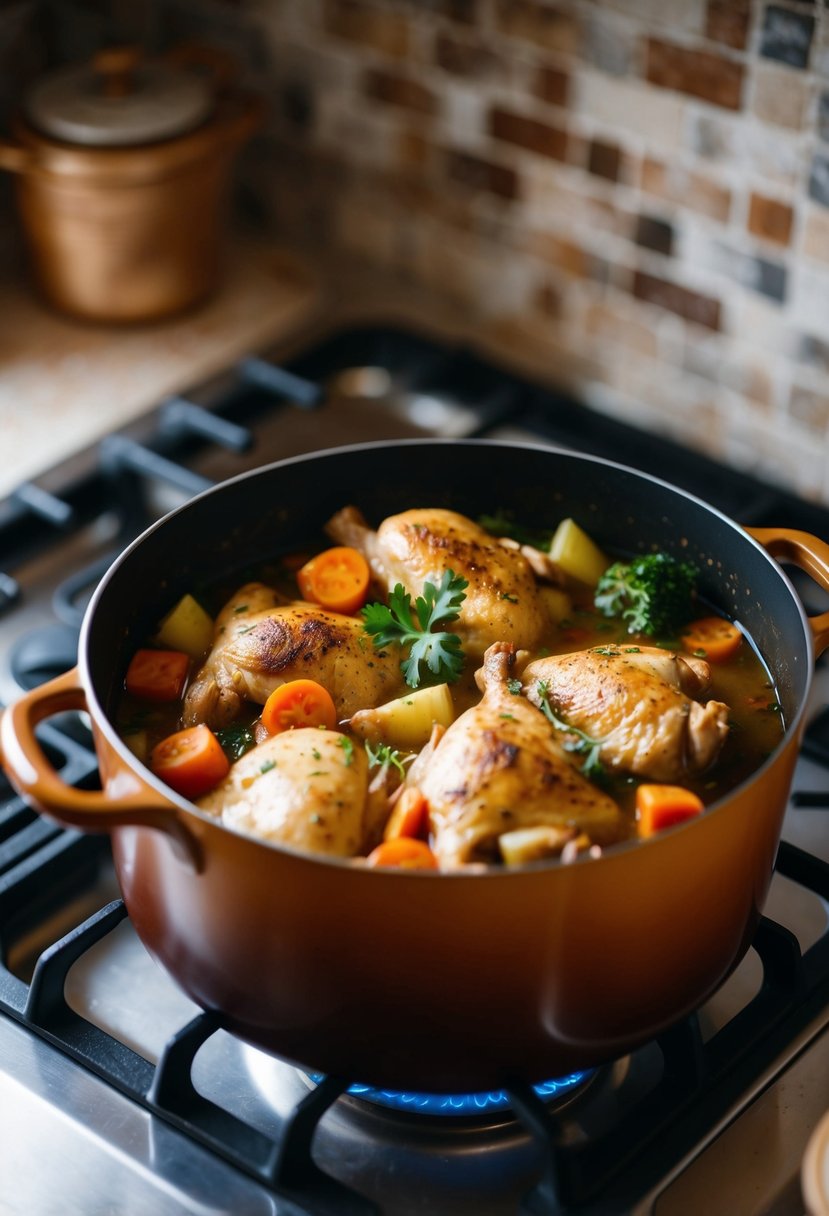 A rustic pot filled with simmering chicken and vegetables on a cozy stovetop