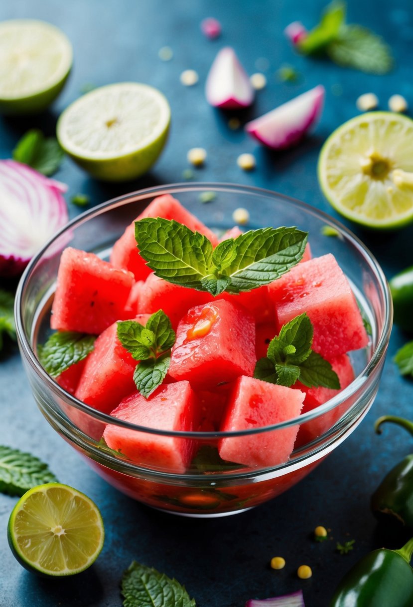 A glass bowl filled with vibrant chunks of watermelon and mint leaves, surrounded by scattered ingredients like lime, red onion, and jalapeño