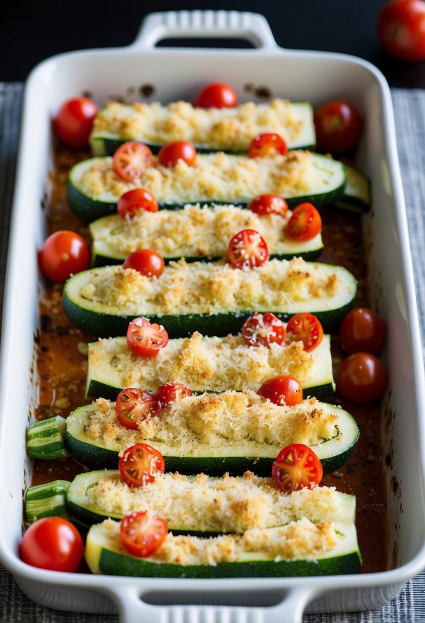 Fresh zucchinis and tomatoes arranged in a baking dish, topped with breadcrumbs and cheese, ready for the oven