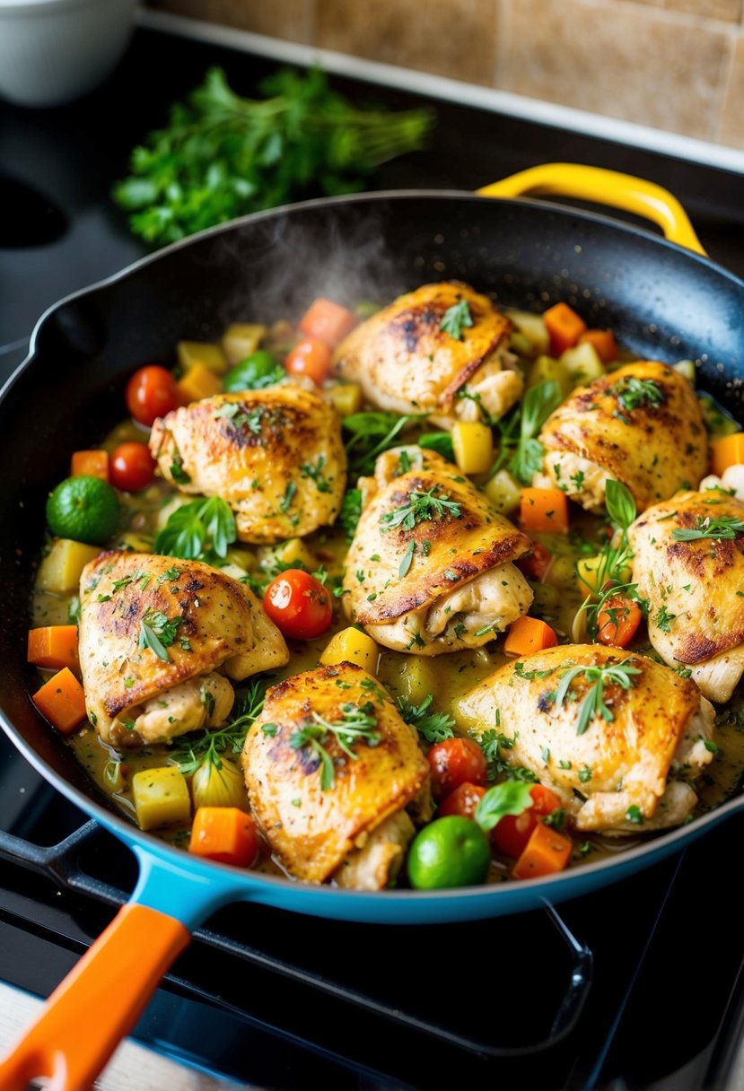 A colorful skillet filled with Italian chicken, vegetables, and herbs sizzling on a stovetop