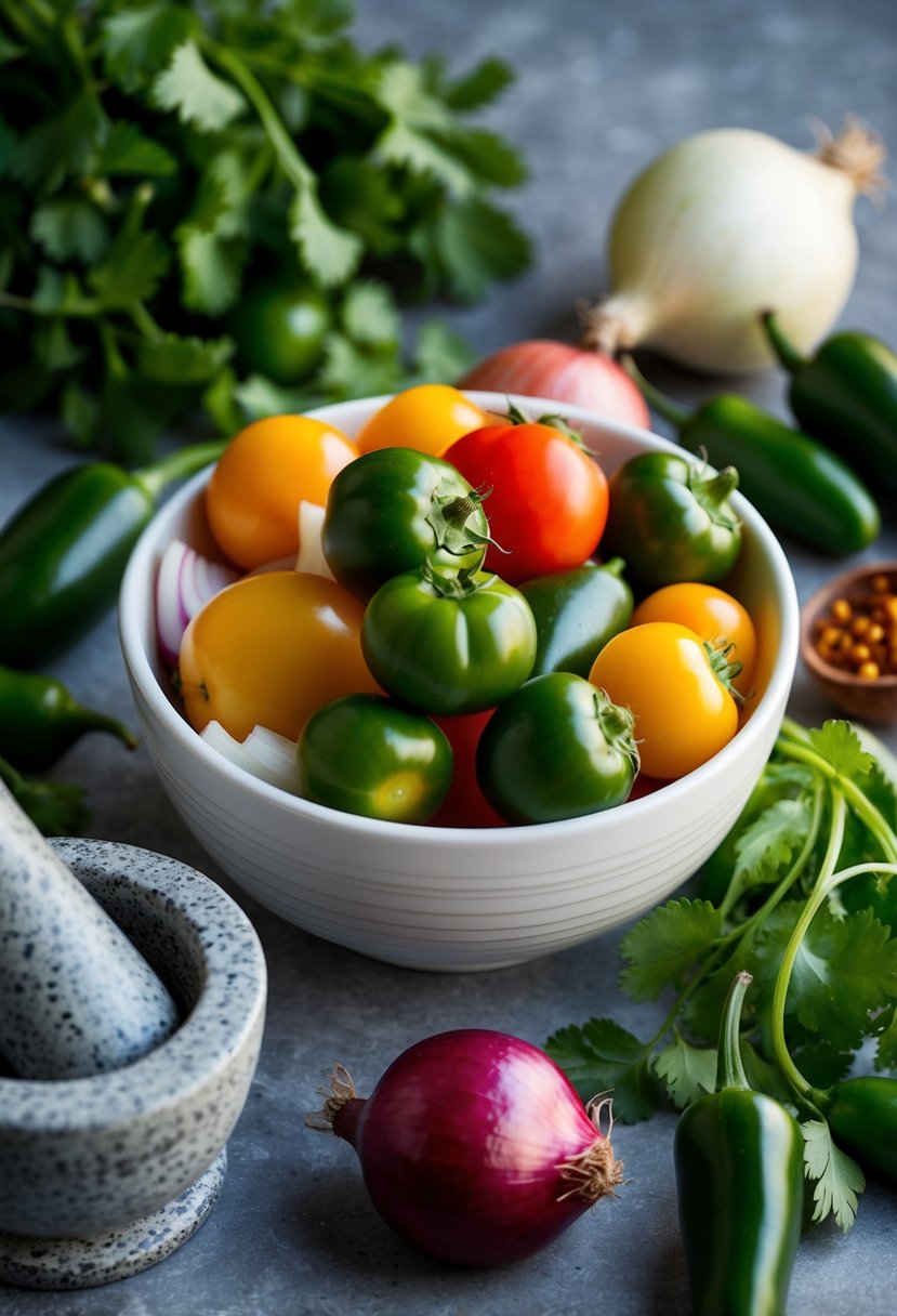 A bowl of tomatillos, jalapeños, onions, and cilantro, surrounded by fresh ingredients and a mortar and pestle