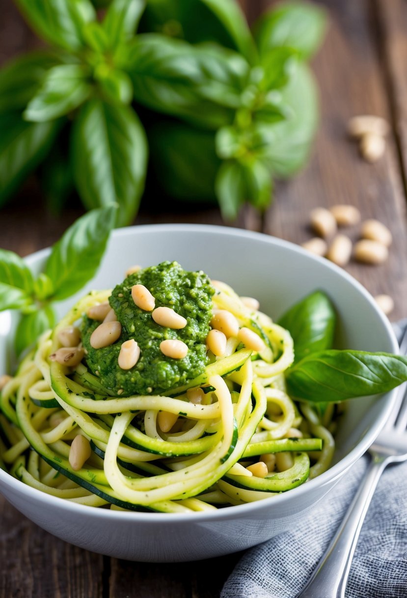 A bowl of zucchini noodles topped with vibrant green pesto, garnished with pine nuts and fresh basil leaves, sitting on a rustic wooden table