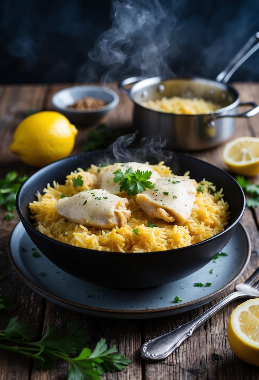 A steaming bowl of lemon parmesan chicken and rice sits on a rustic wooden table, surrounded by scattered ingredients and a cooking pot