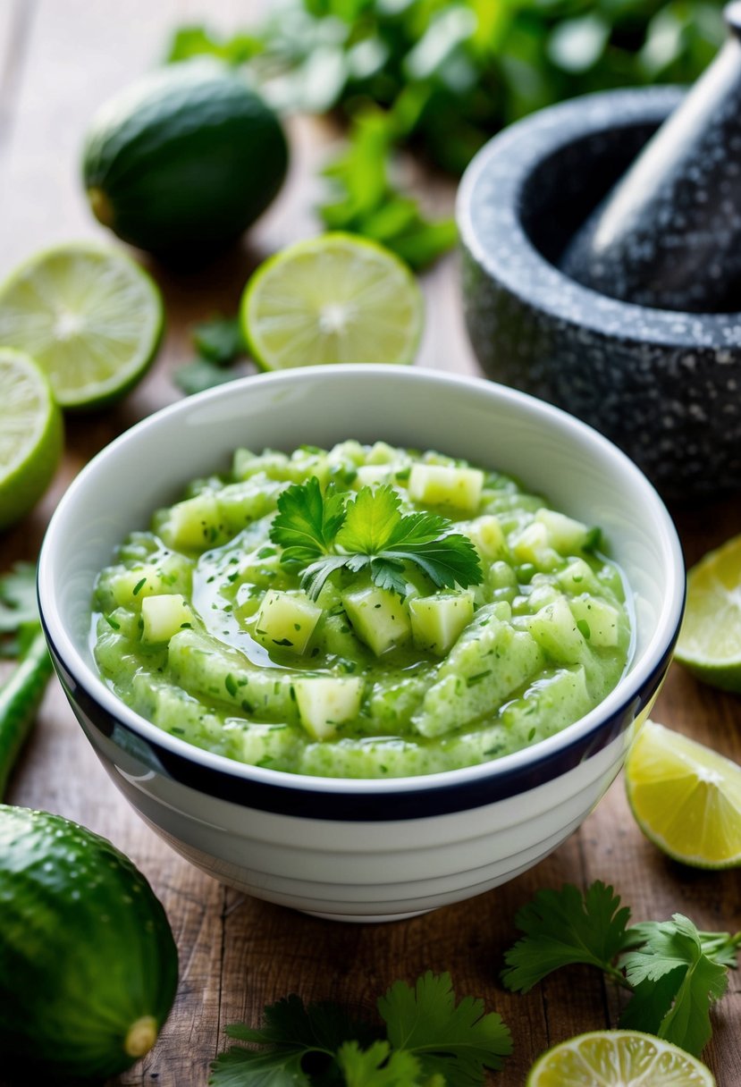 A bowl of vibrant green cucumber lime salsa surrounded by fresh ingredients and a mortar and pestle