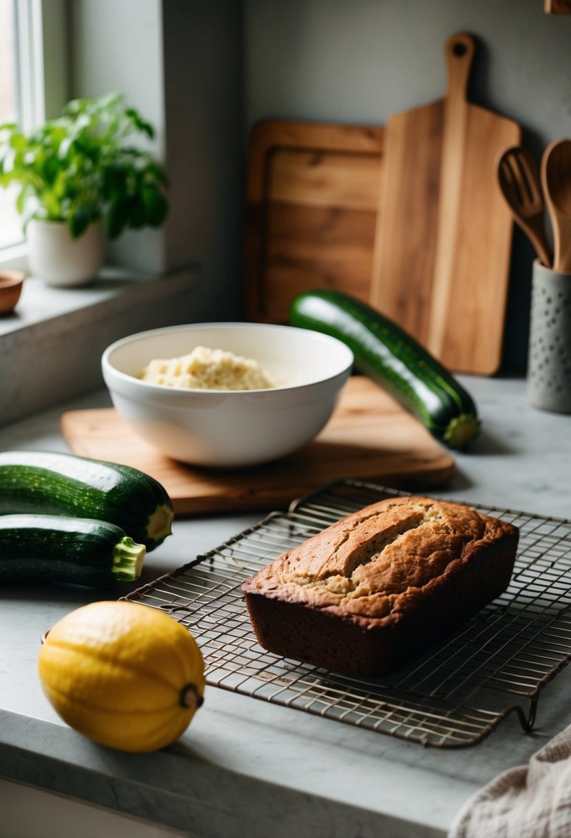 A rustic kitchen with fresh zucchinis, a wooden cutting board, a mixing bowl, and a loaf of zucchini bread cooling on a wire rack