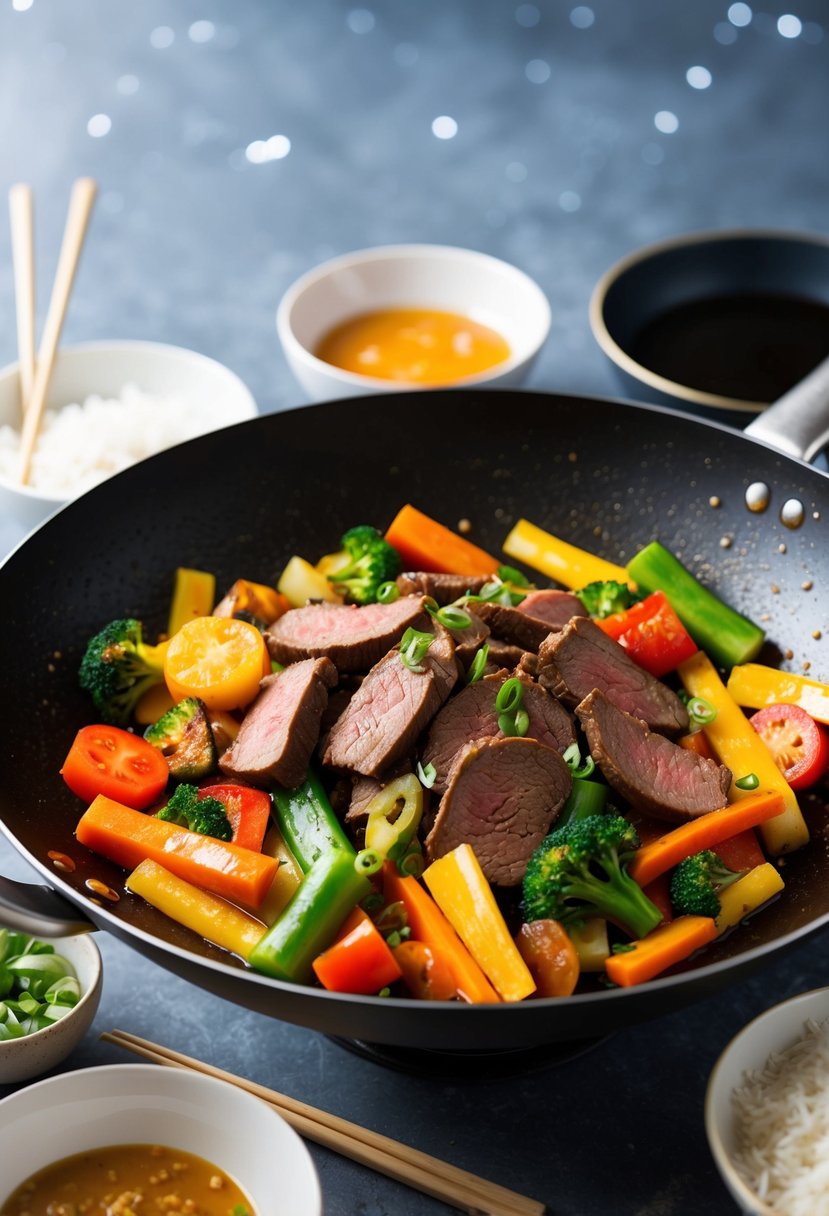 A sizzling wok filled with colorful vegetables, tender slices of beef, and a savory sauce, surrounded by bowls of rice and chopsticks