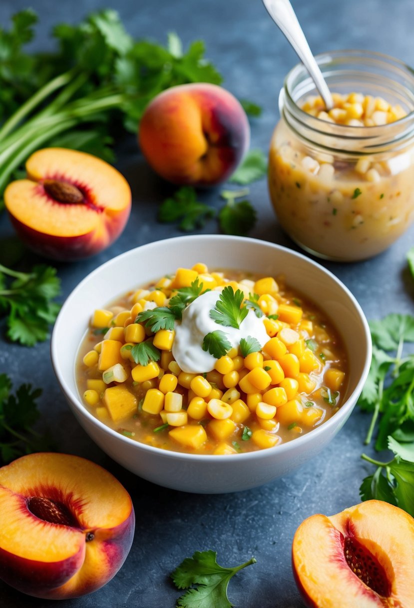 A bowl of peach and corn salsa surrounded by fresh ingredients and a jar of salsa