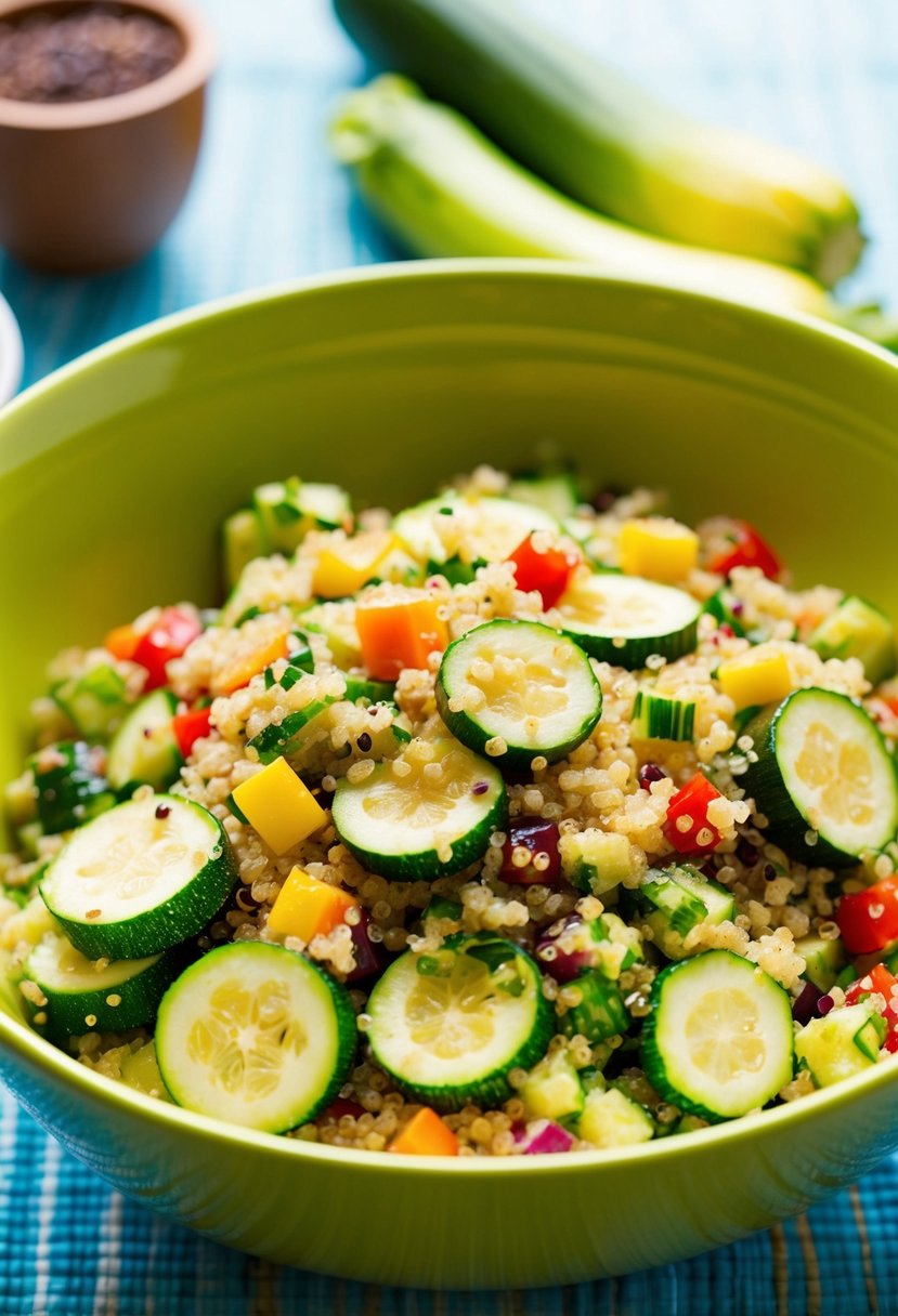 A colorful bowl of zucchini and quinoa salad, with fresh zucchini slices, cooked quinoa, and a variety of vibrant vegetables mixed together