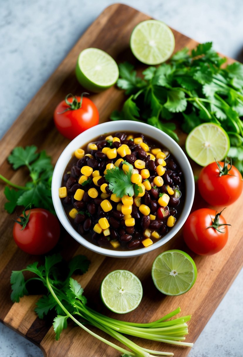 A colorful bowl of Black Bean and Corn Salsa surrounded by fresh ingredients like tomatoes, cilantro, and lime slices on a wooden cutting board