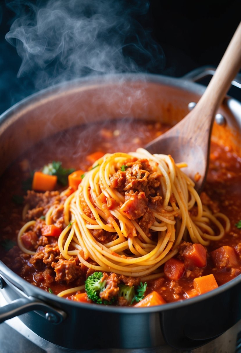 A steaming pot of spaghetti Bolognese with vibrant, hidden veggies simmering in a rich tomato sauce. A wooden spoon rests on the edge of the pot