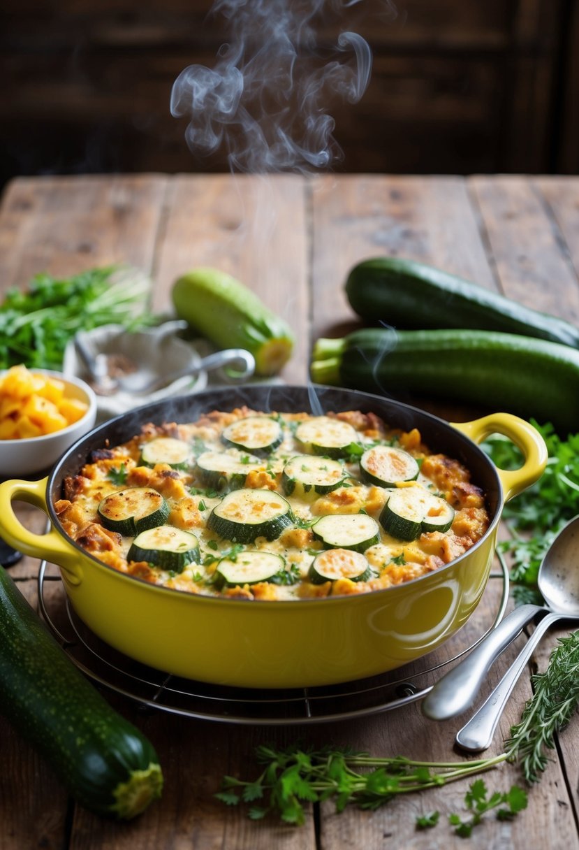 A rustic kitchen table with a steaming zucchini casserole surrounded by fresh zucchinis, herbs, and cooking utensils